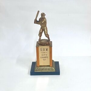 Vintage Baseball Trophy 1957 City Champs of the U.A.W. Brass Zinc Wood Base
